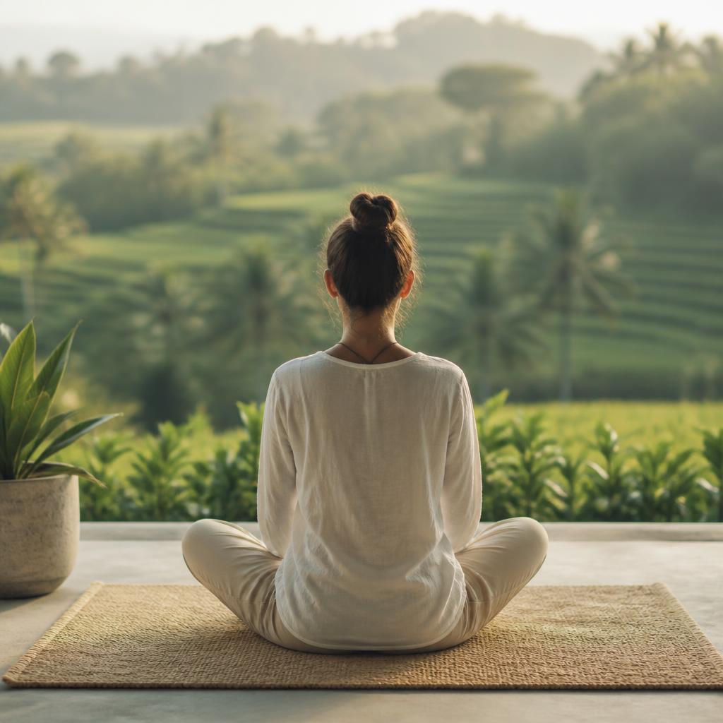 A person meditating facing green fields
