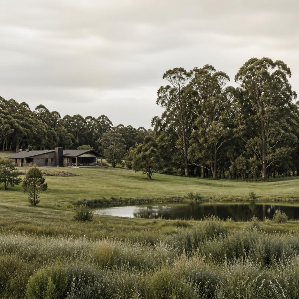 A serene farm landscape with green fields and trees