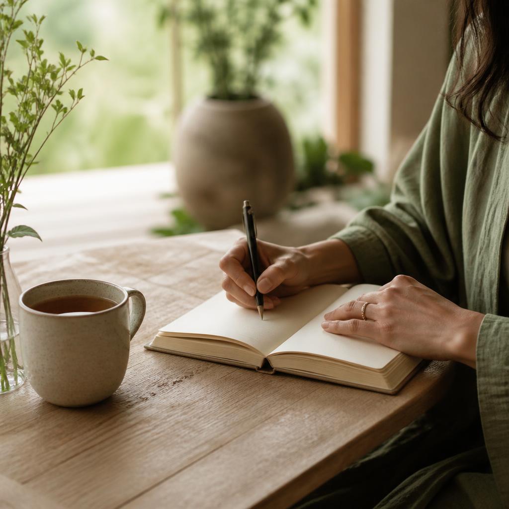 Hands writing in a journal with herbal tea