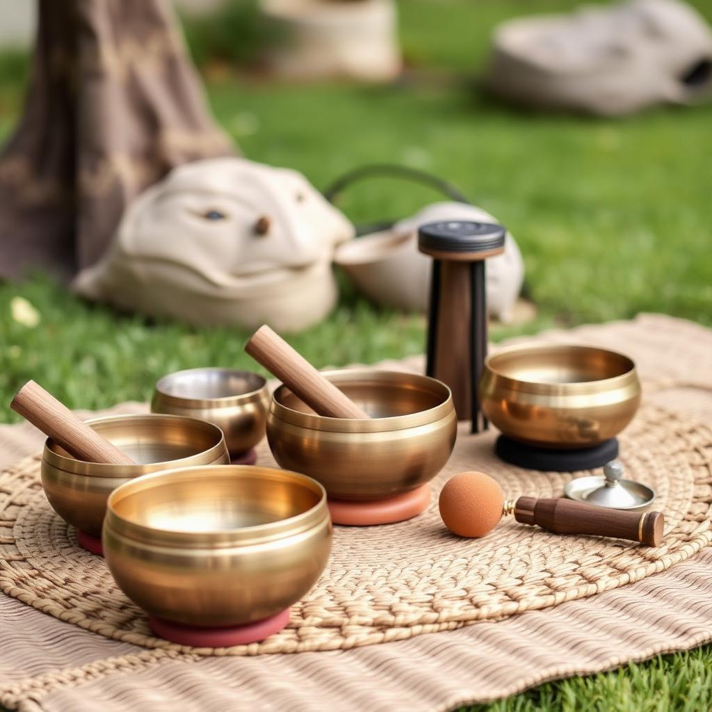 Tibetan singing bowls arranged on a woven mat